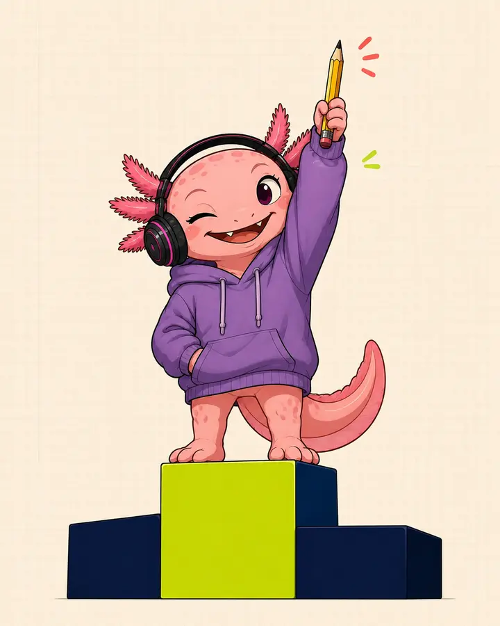 Mascotte axolotl che alza una matita come un trofeo